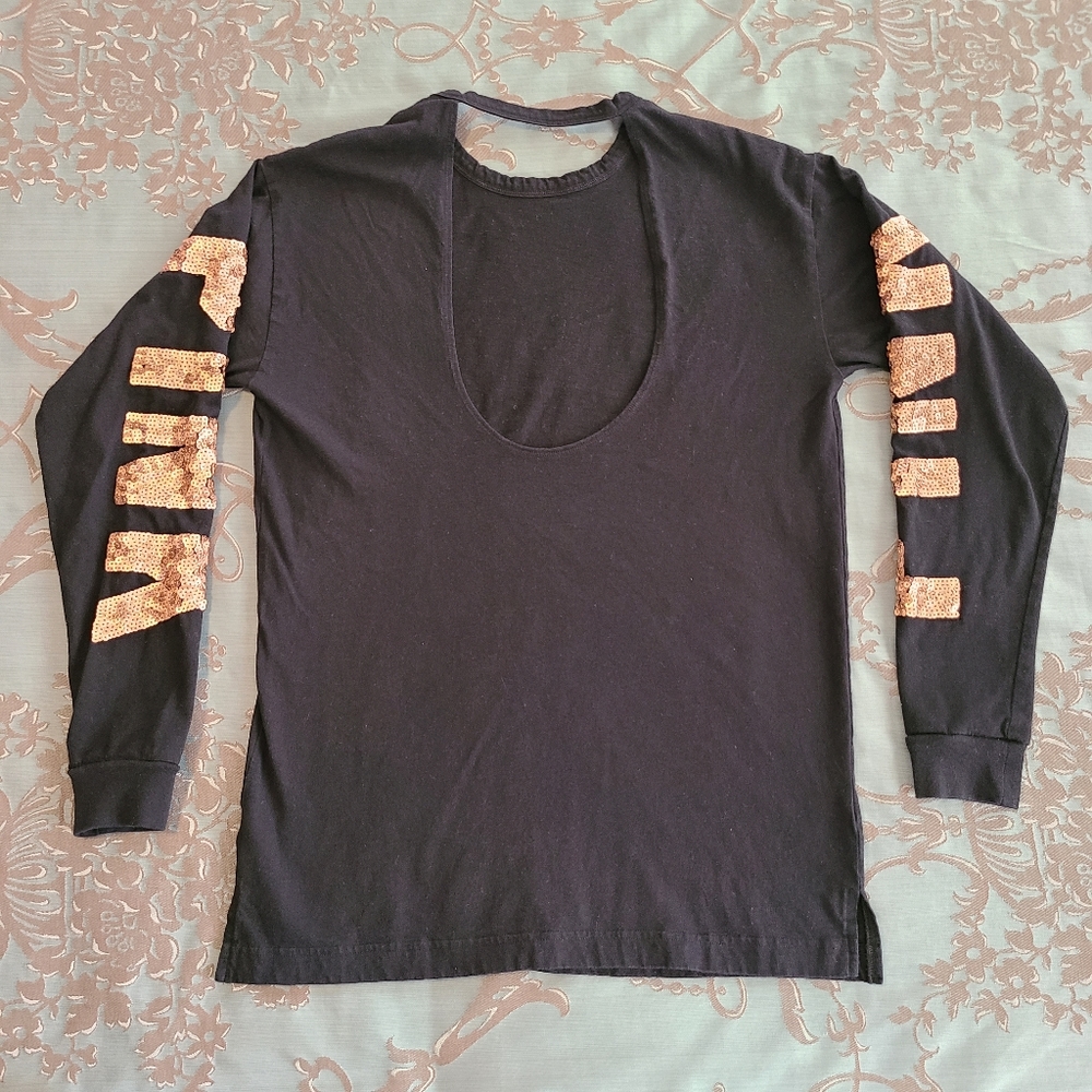 Victoria's Secret PINK Long Sleeve Bling Shirt Black Rose Gold Size XS - Picture 5 of 12